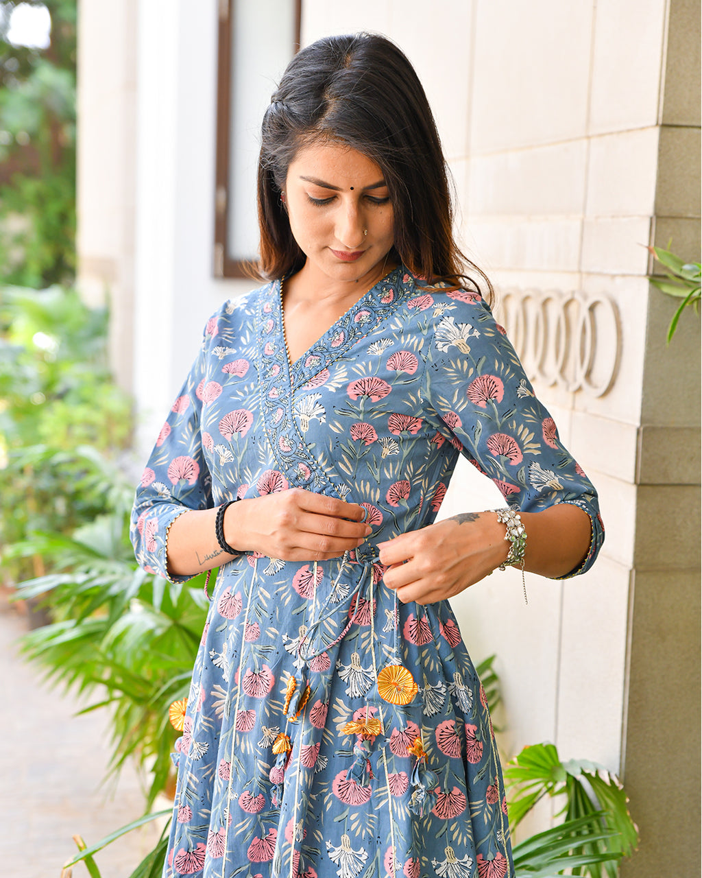 AZURE BLUE COTTON DRESS WITH TASSELS