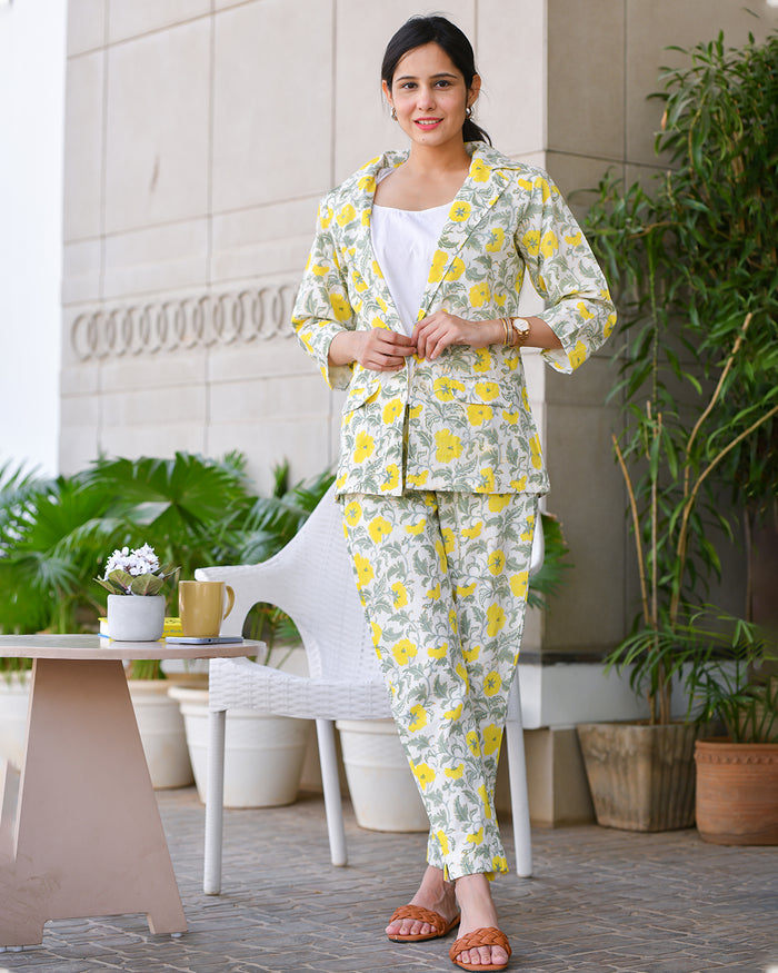 GREEN & YELLOW FLORAL HANDBLOCK BLAZER SET