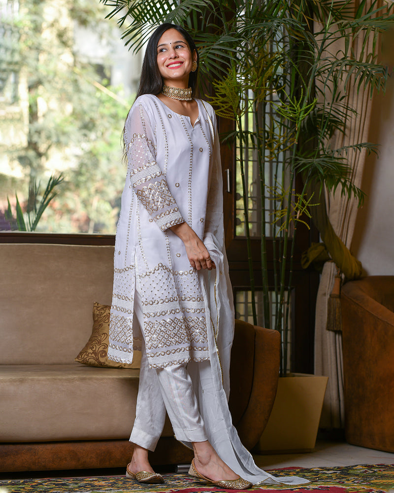 WHITE SEQUIN WORK SUIT SET