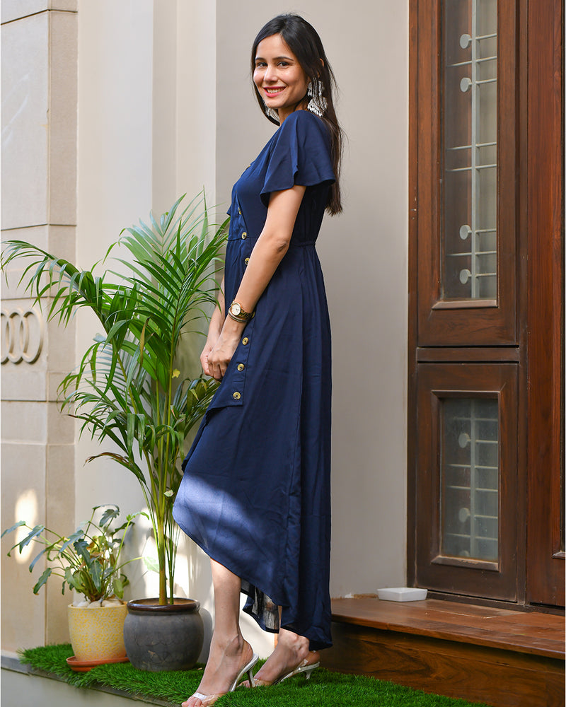 NAVY BLUE ASSYMETRIC RAYON DRESS