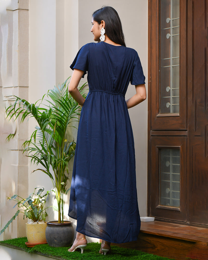 NAVY BLUE ASSYMETRIC RAYON DRESS