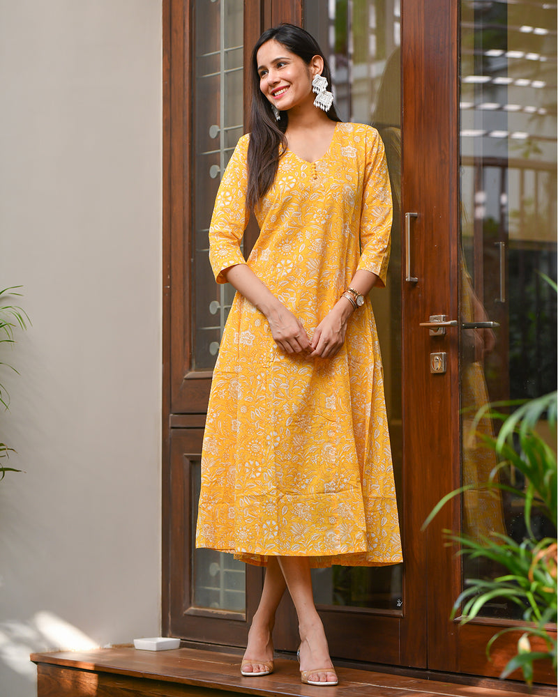 YELLOW COTTON HANDBLOCK DRESS