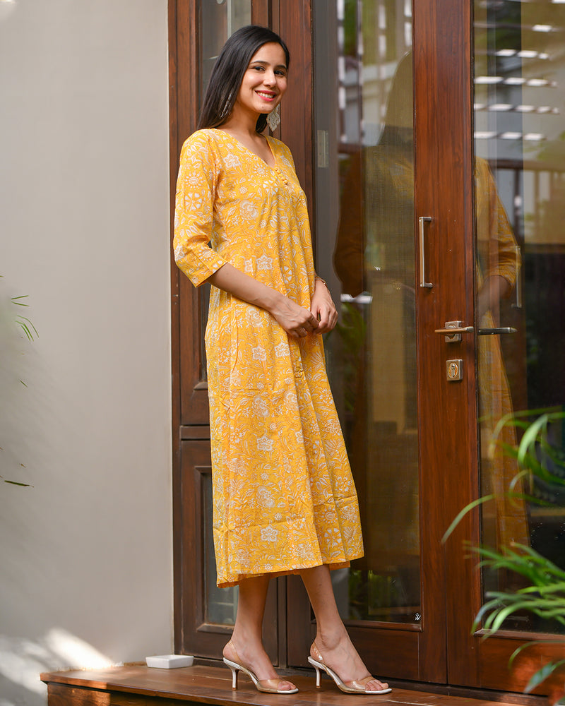 YELLOW COTTON HANDBLOCK DRESS
