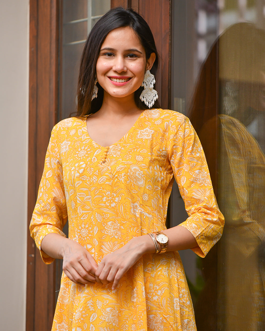 YELLOW COTTON HANDBLOCK DRESS
