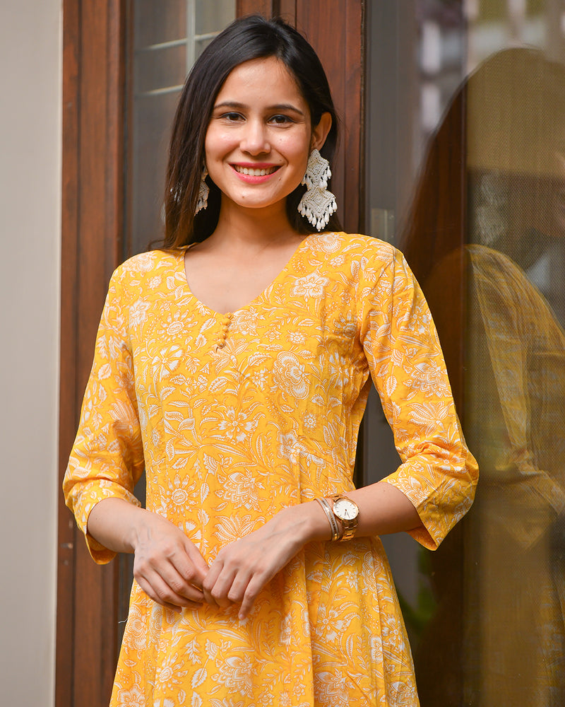 YELLOW COTTON HANDBLOCK DRESS
