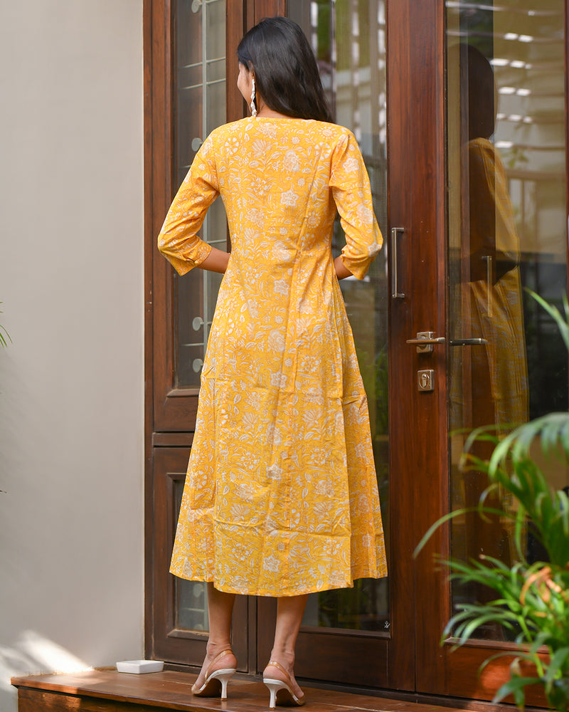 YELLOW COTTON HANDBLOCK DRESS