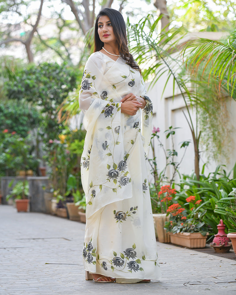 CREAM HAND PAINTED FLORAL ORGANZA SAREE