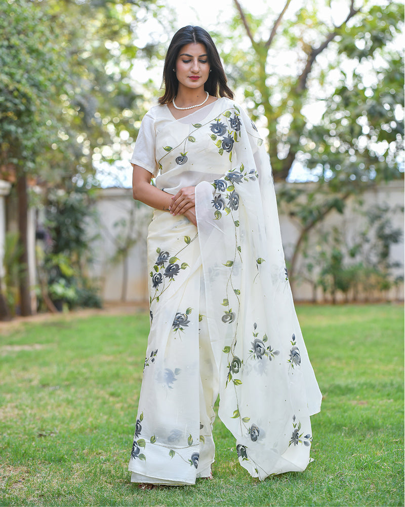 CREAM HAND PAINTED FLORAL ORGANZA SAREE