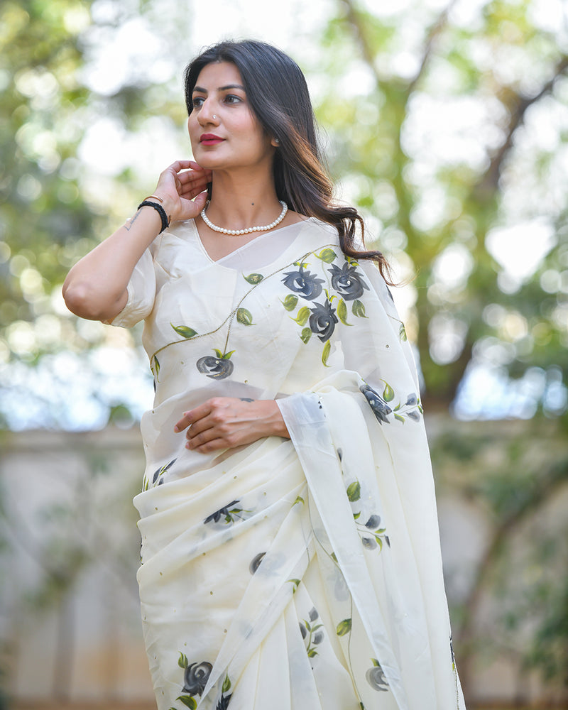 CREAM HAND PAINTED FLORAL ORGANZA SAREE