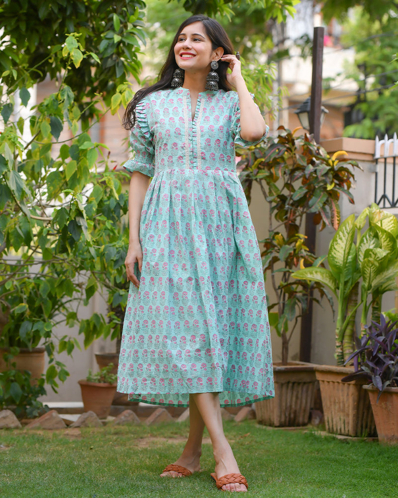BLUE & PINK HANDBLOCK DRESS