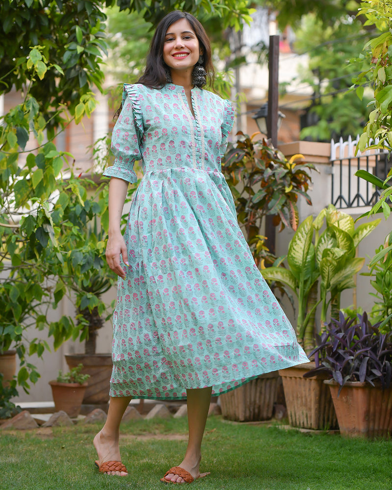 BLUE & PINK HANDBLOCK DRESS
