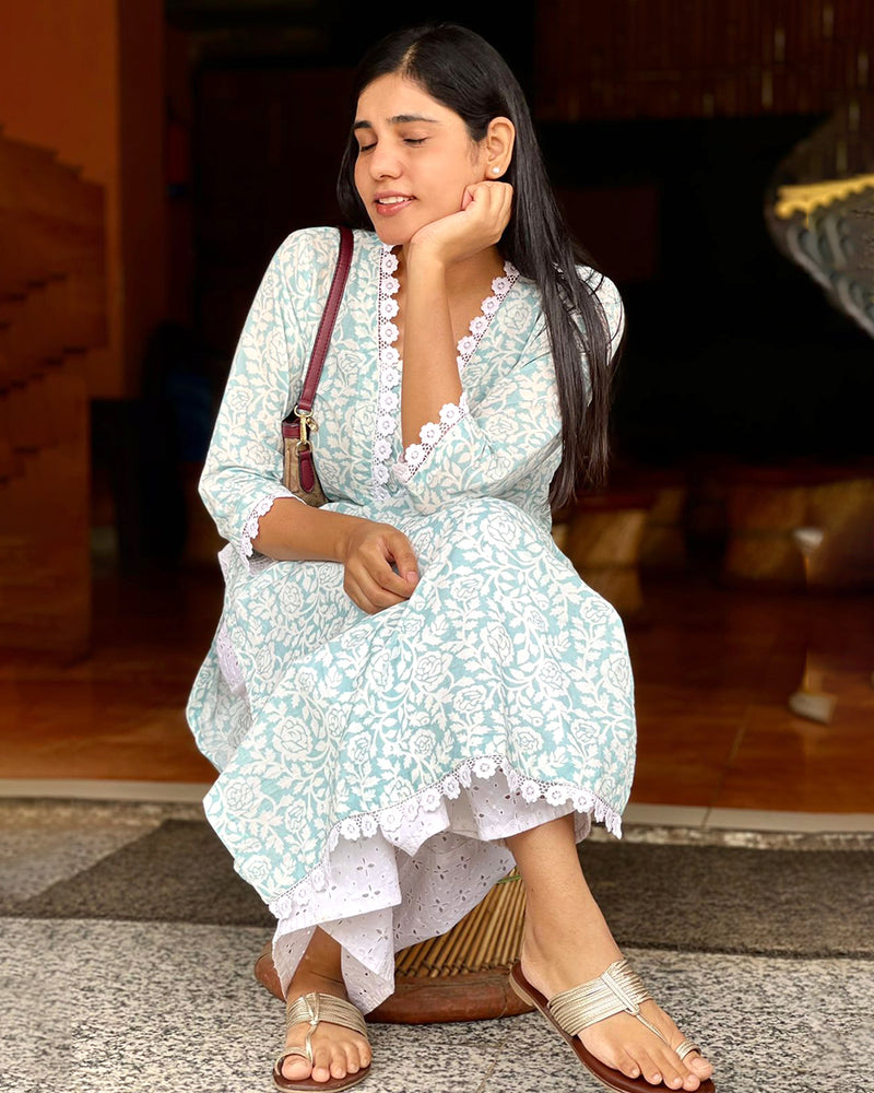 SKY BLUE KURTA WITH LACE