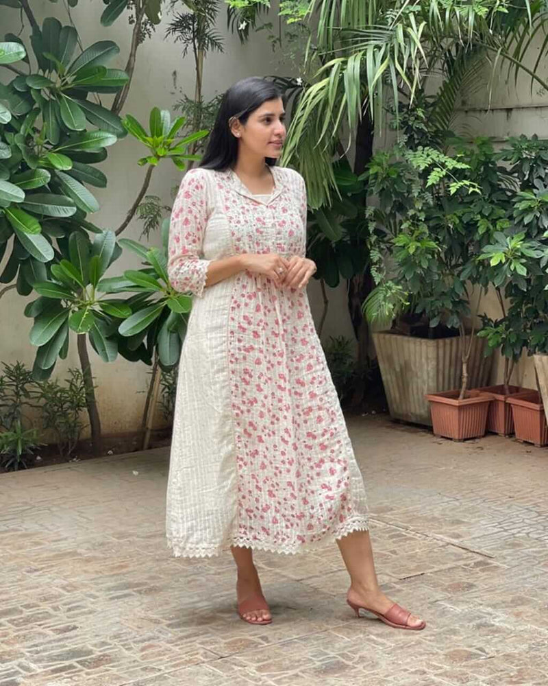 WHITE & PINK HANDBLOCK DRESS WITH INNER