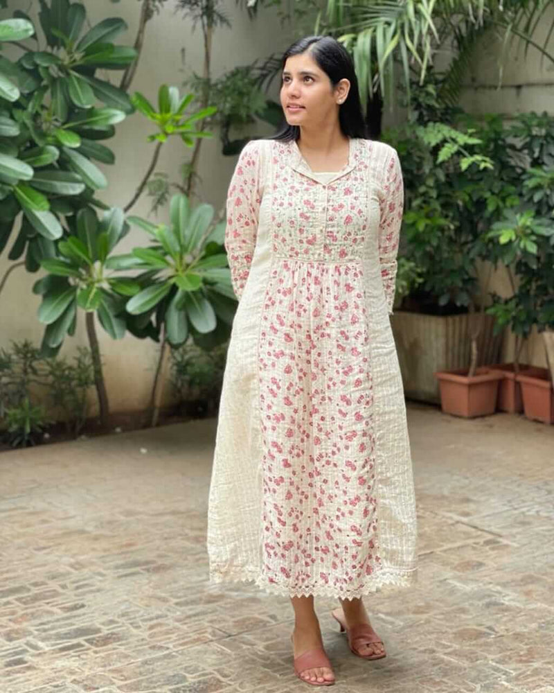 WHITE & PINK HANDBLOCK DRESS WITH INNER