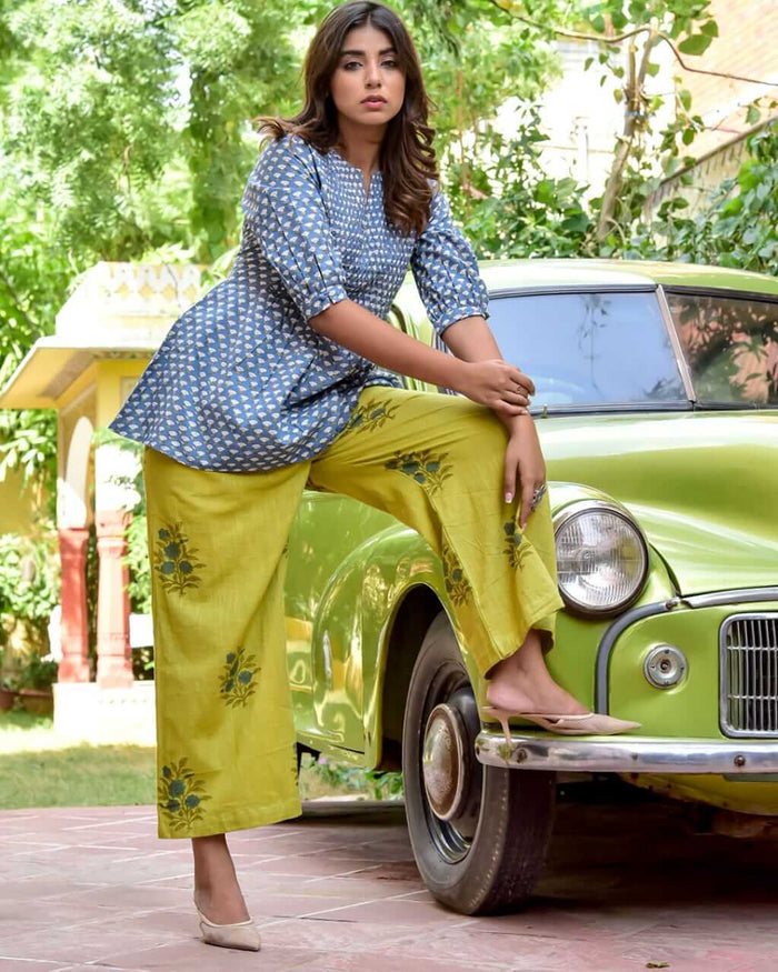 BLUE & OLIVE HANDBLOCK PANT SET