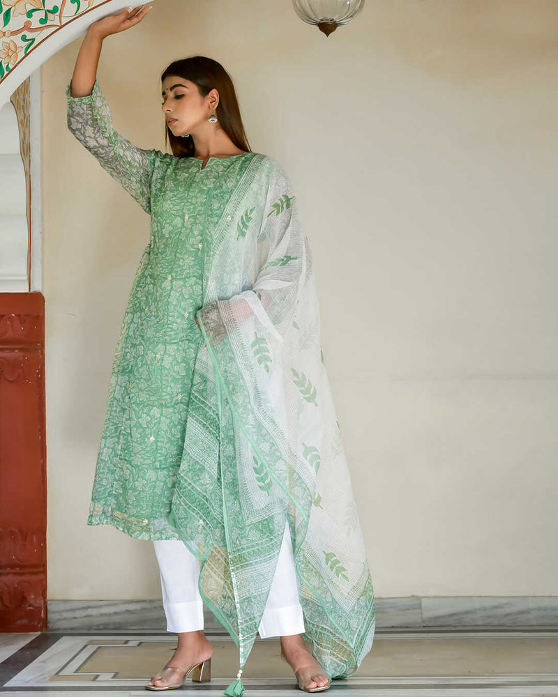 PARIS GREEN KOTA DORIA KURTA WITH DUPATTA