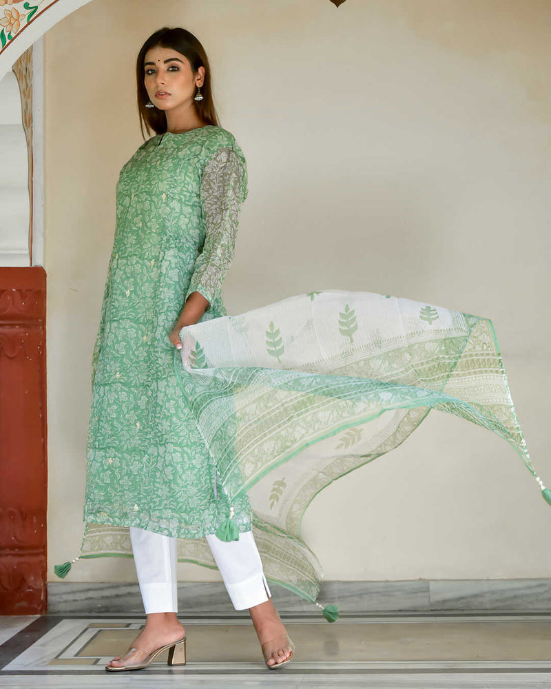 PARIS GREEN KOTA DORIA KURTA WITH DUPATTA