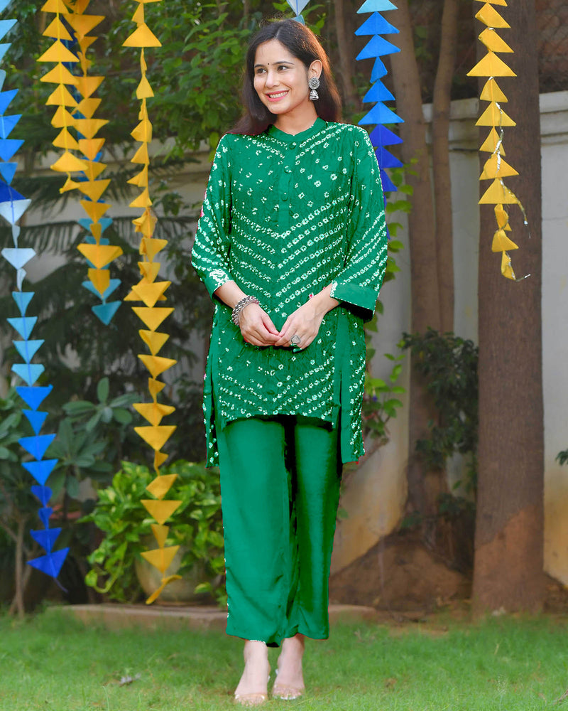 BOTTLE GREEN BANDHANI PANT SET