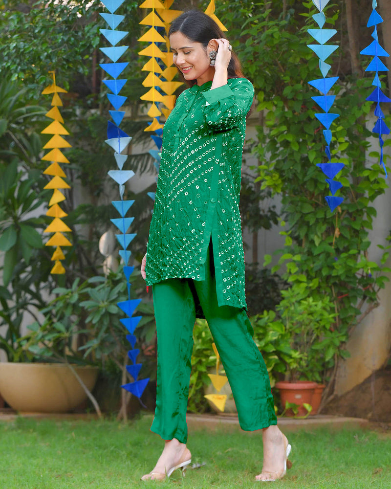 BOTTLE GREEN BANDHANI PANT SET