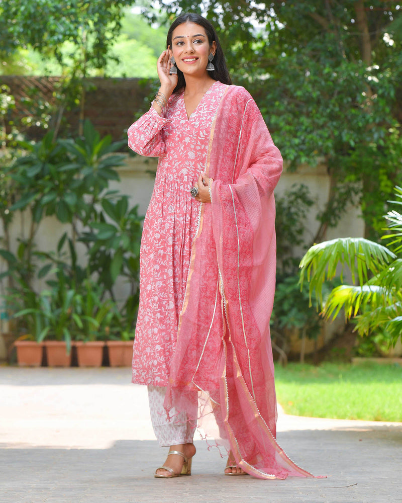 PINK & WHITE COTTON HANDBLOCK SUIT SET