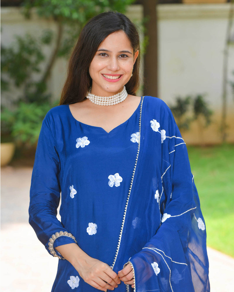 MIDNIGHT BLUE SHANTUNG HANDPAINTED SUIT SET