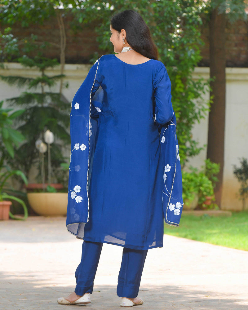 MIDNIGHT BLUE SHANTUNG HANDPAINTED SUIT SET