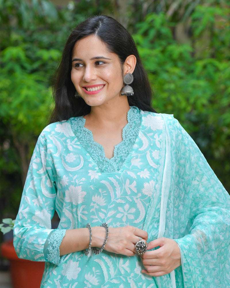 SEA GREEN COASTAL COTTON HANDBLOCK SUIT SET