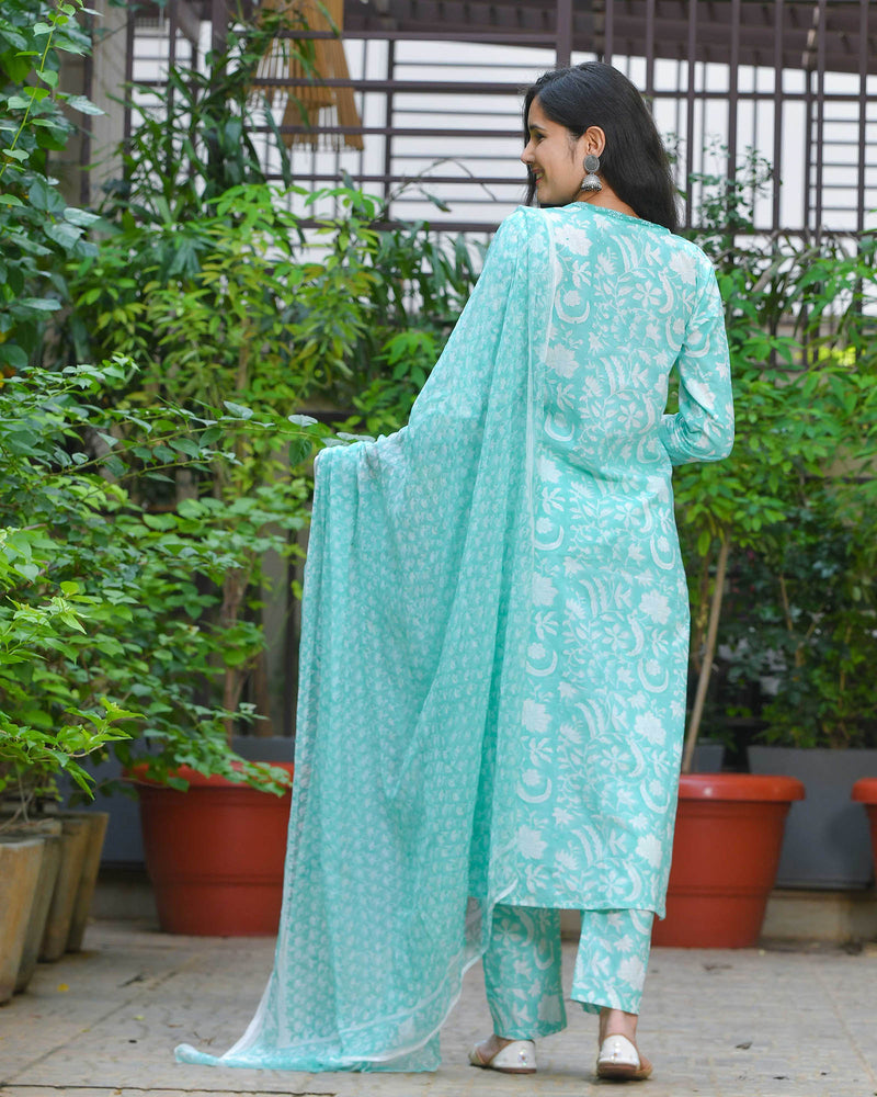 SEA GREEN COASTAL COTTON HANDBLOCK SUIT SET