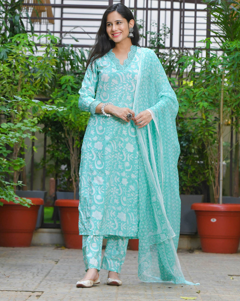 SEA GREEN COASTAL COTTON HANDBLOCK SUIT SET