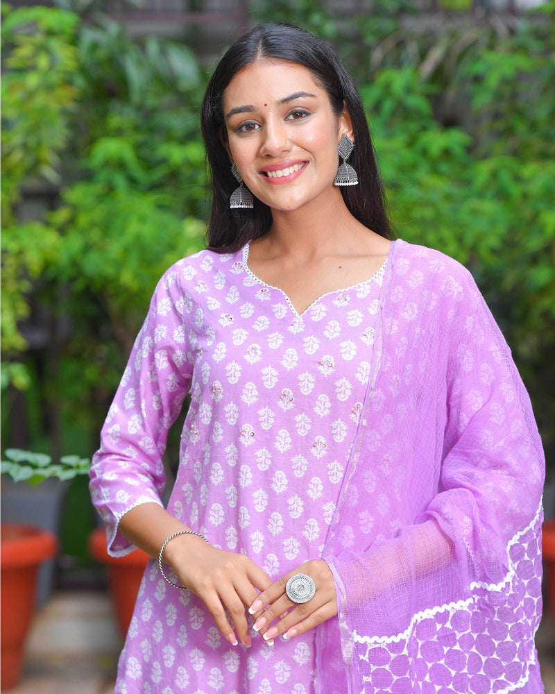 PEPPY PURPLE COTTON SUIT SET WITH KOTA DUPATTA