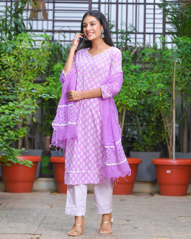 PEPPY PURPLE COTTON SUIT SET WITH KOTA DUPATTA