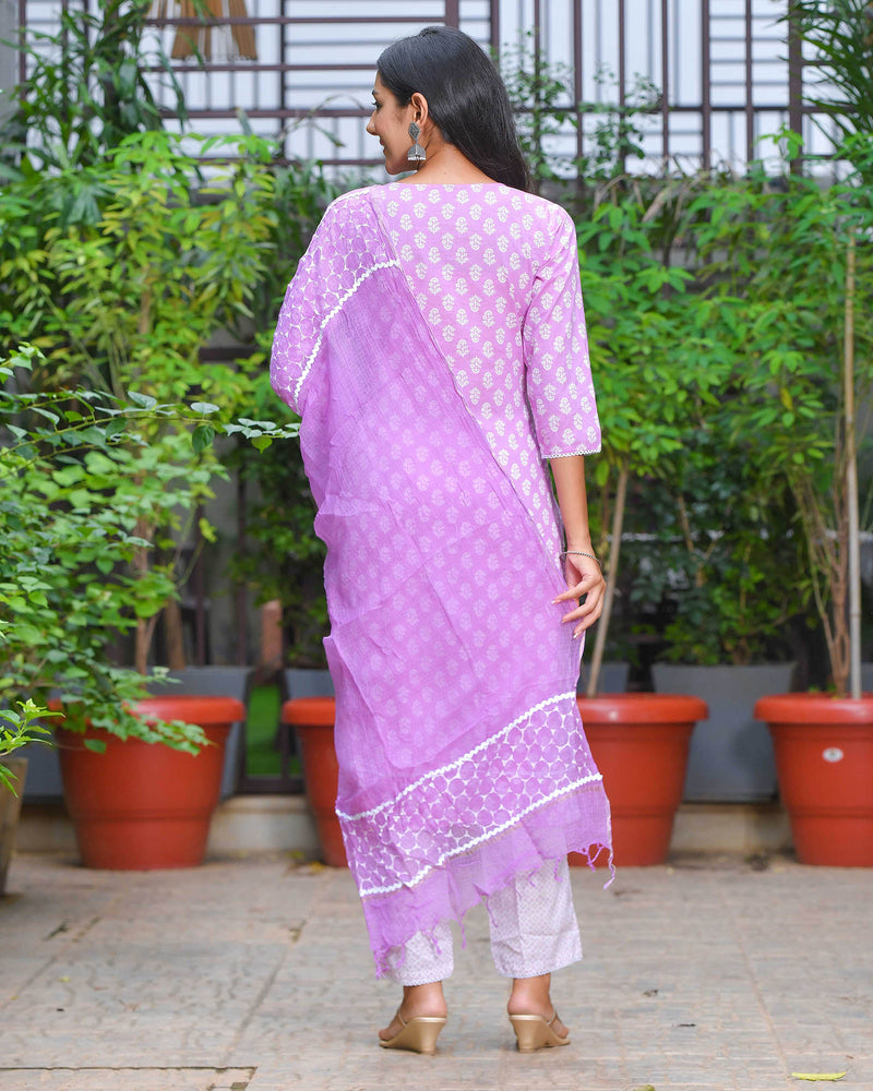 PEPPY PURPLE COTTON SUIT SET WITH KOTA DUPATTA