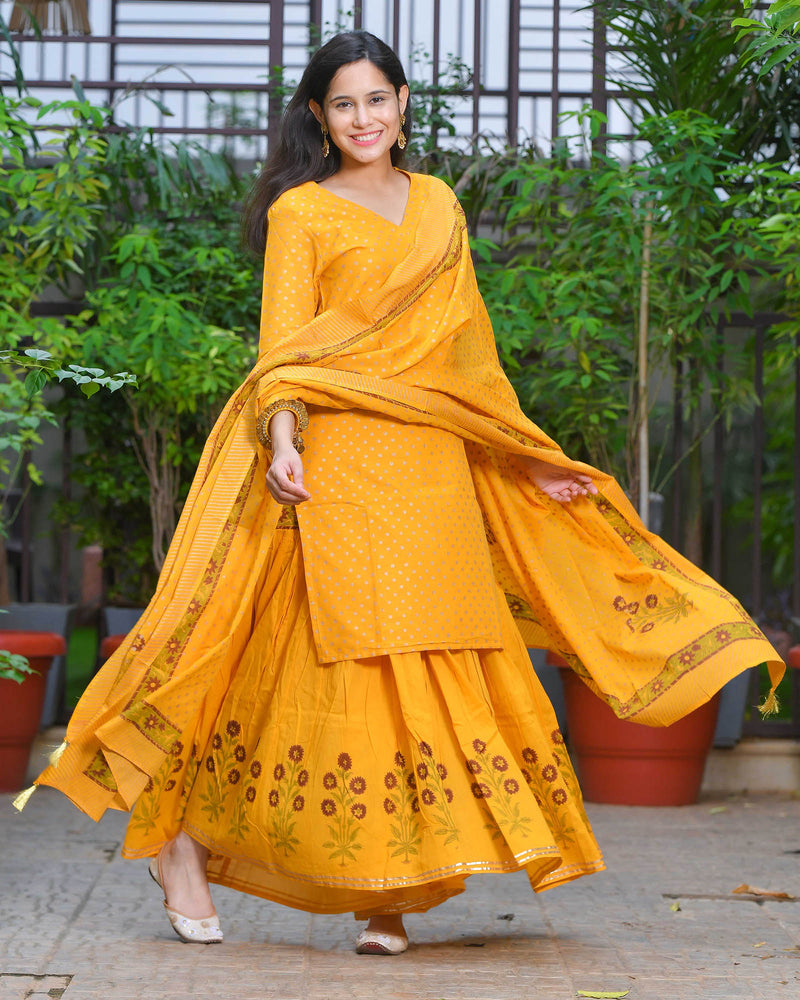 MUSTARD HANDBLOCK SHARARA SET