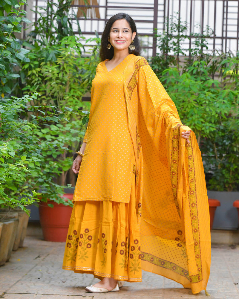 MUSTARD HANDBLOCK SHARARA SET