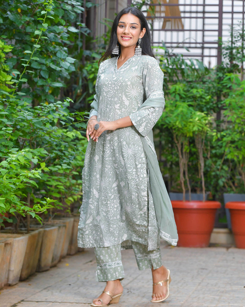 GREY HANDBLOCK COTTON SUIT SET