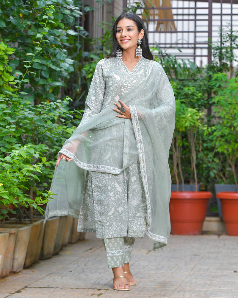 GREY HANDBLOCK COTTON SUIT SET