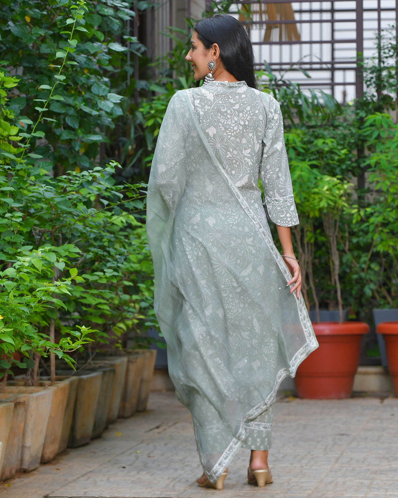 GREY HANDBLOCK COTTON SUIT SET