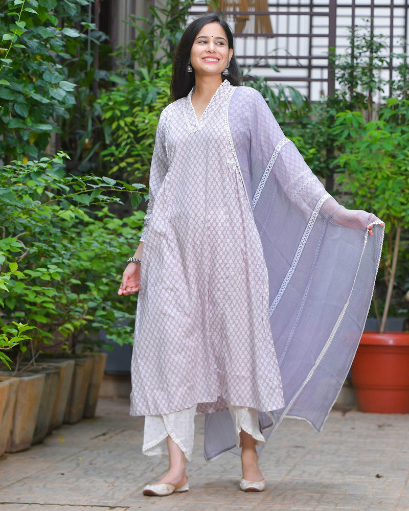 LAVENDER HANDBLOCK COTTON SUIT SET