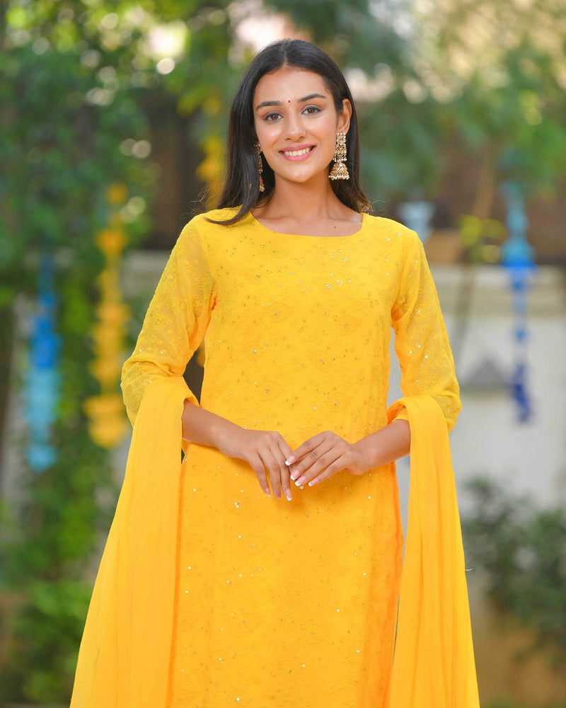 YELLOW GEORGETTE SUIT SET WITH EMBROIDERY