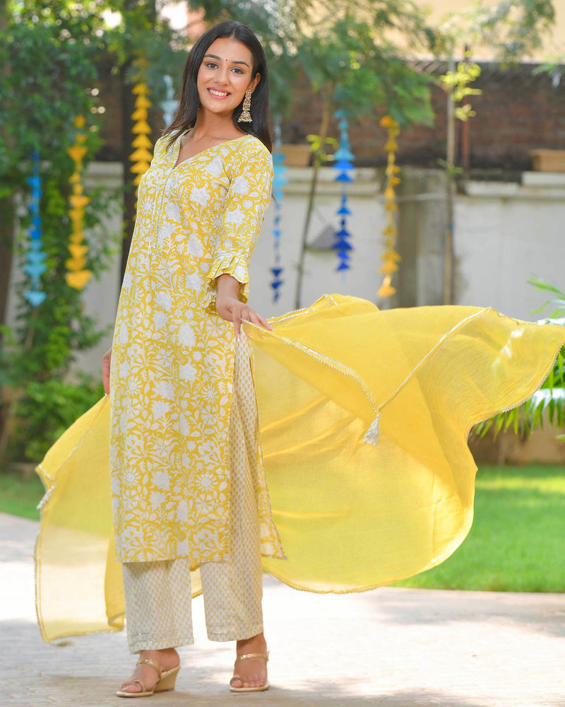 YELLOW & WHITE HANDBLOCK SUIT SET