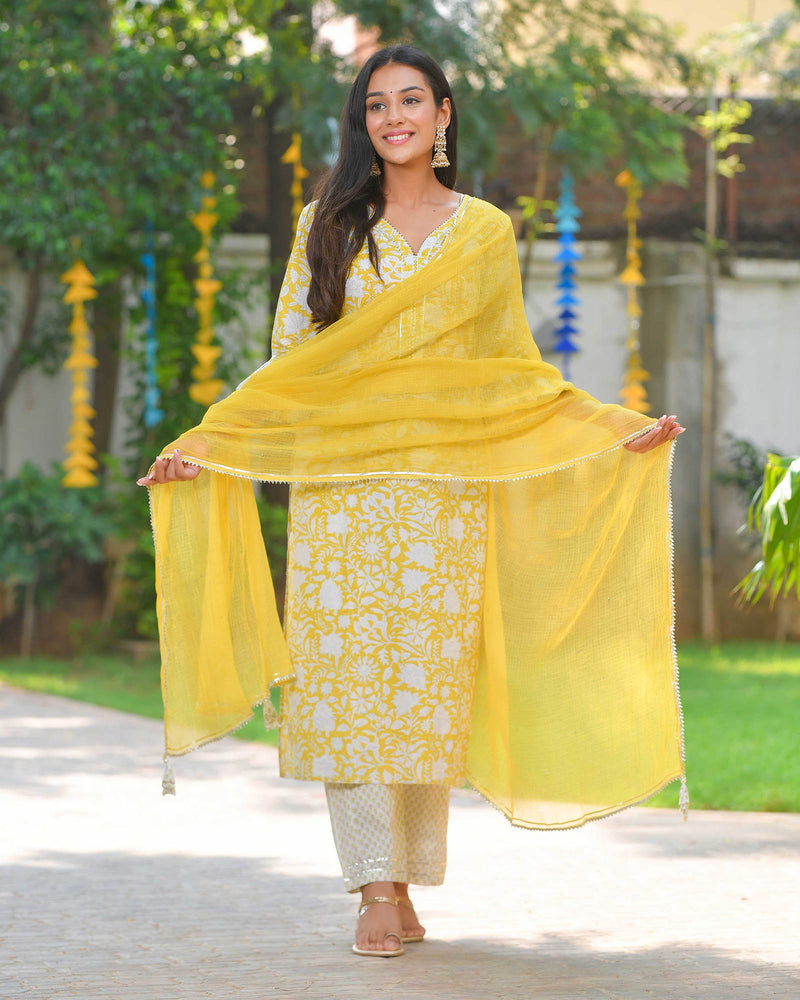 YELLOW & WHITE HANDBLOCK SUIT SET