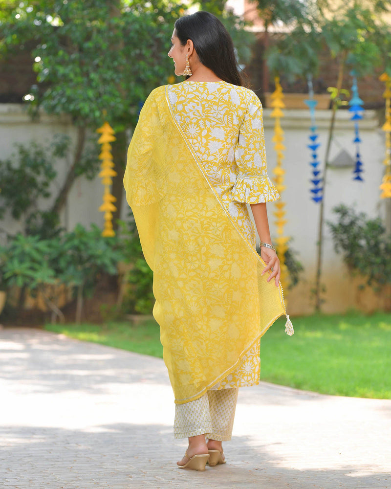 YELLOW & WHITE HANDBLOCK SUIT SET