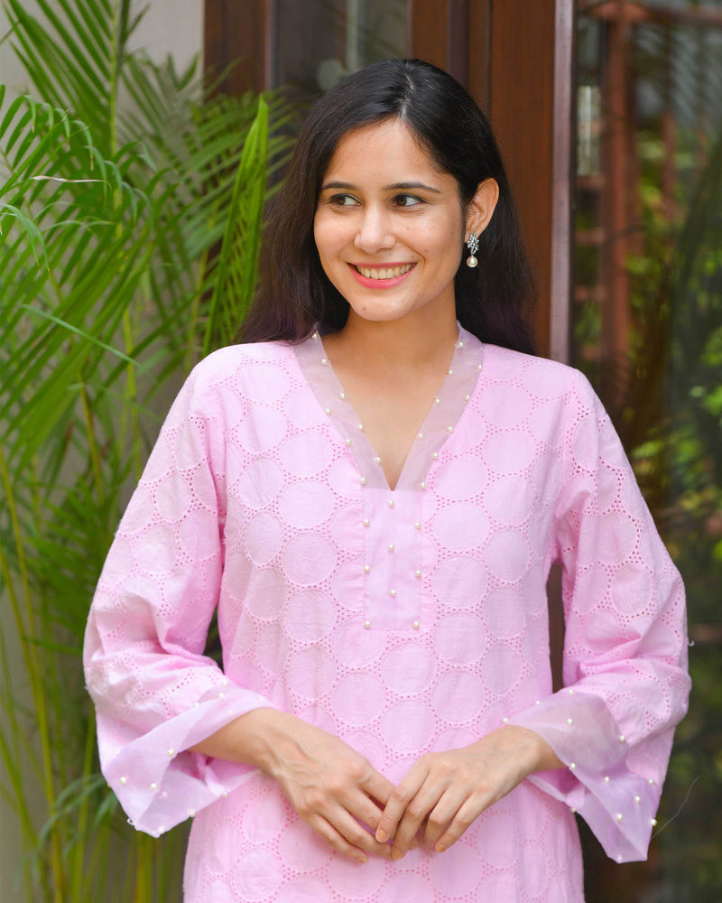 DELICATE PINK SCHIFFLI KURTA SET WITH PEARL WORK