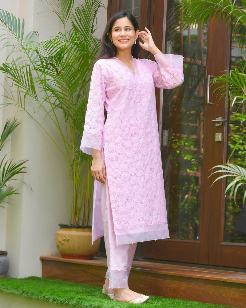 DELICATE PINK SCHIFFLI KURTA SET WITH PEARL WORK