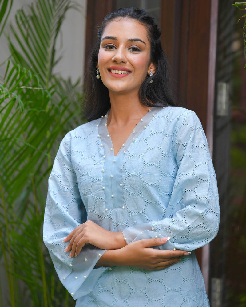 DELICATE BLUE SCHIFFLI KURTA SET WITH PEARL WORK