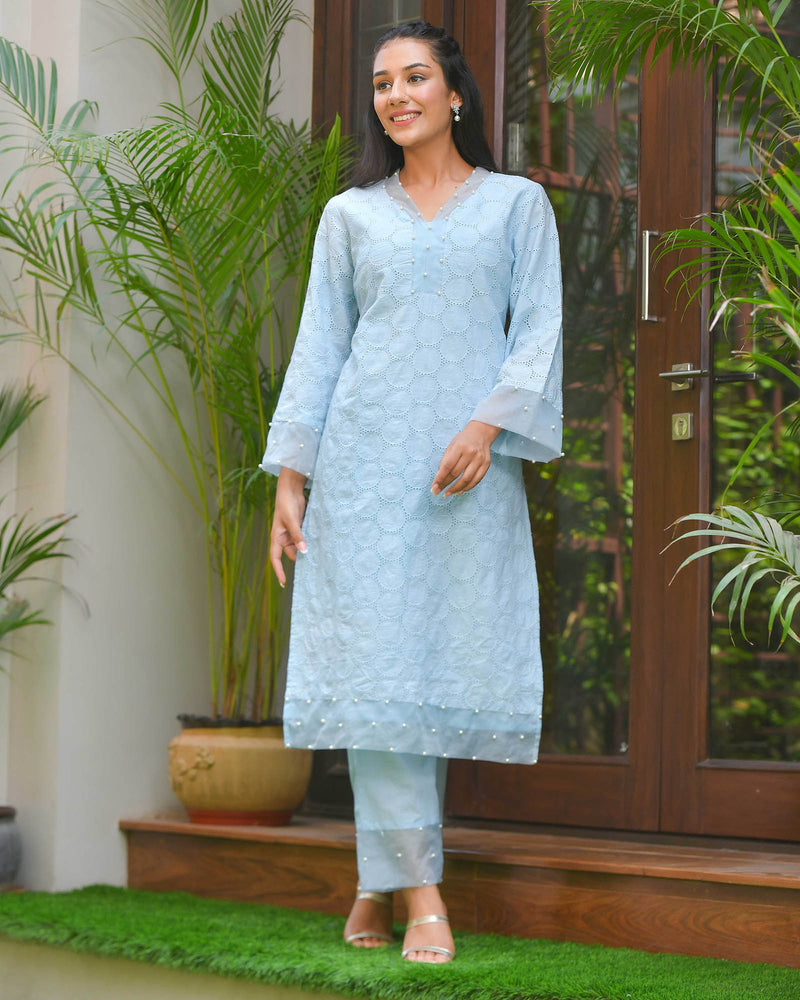 DELICATE BLUE SCHIFFLI KURTA SET WITH PEARL WORK