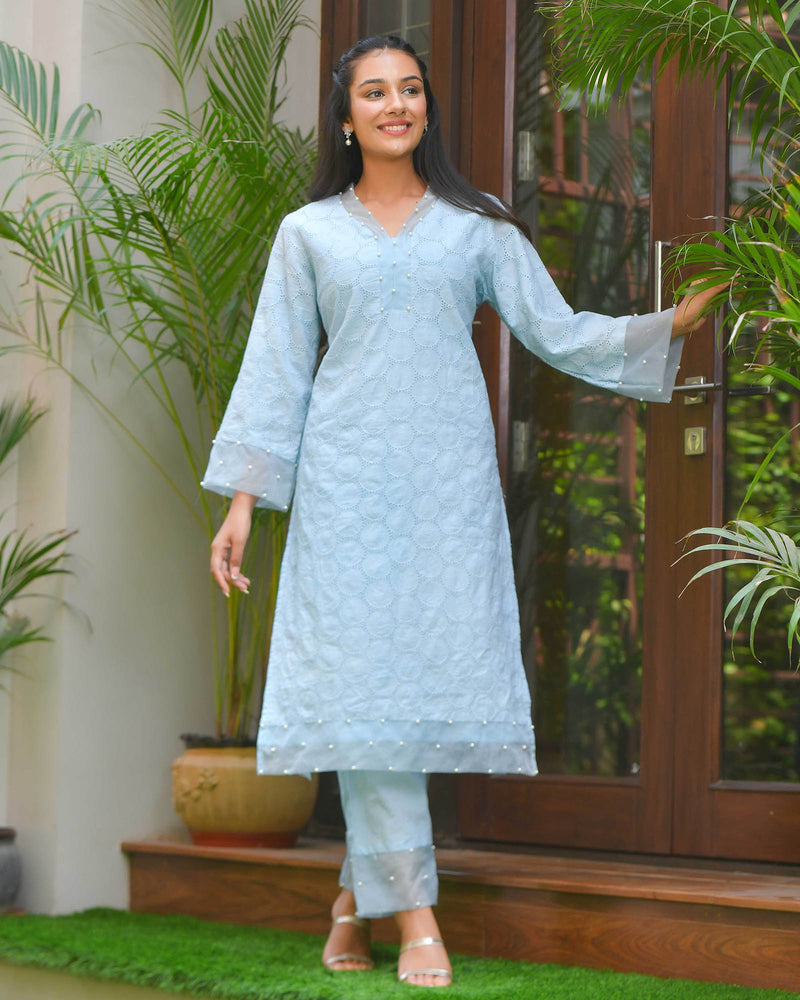 DELICATE BLUE SCHIFFLI KURTA SET WITH PEARL WORK