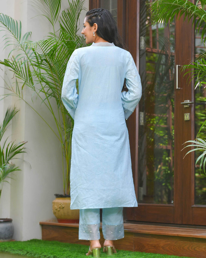 DELICATE BLUE SCHIFFLI KURTA SET WITH PEARL WORK