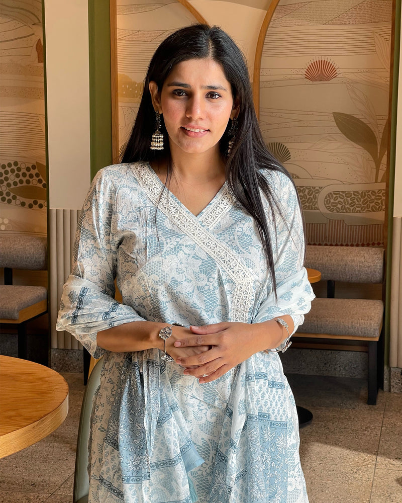 BLUE COTTON SUIT SET WITH MUL DUPATTA