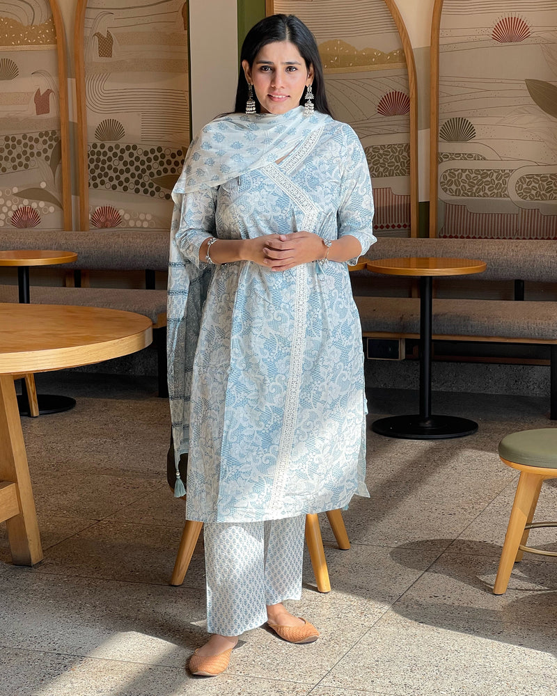 BLUE COTTON SUIT SET WITH MUL DUPATTA